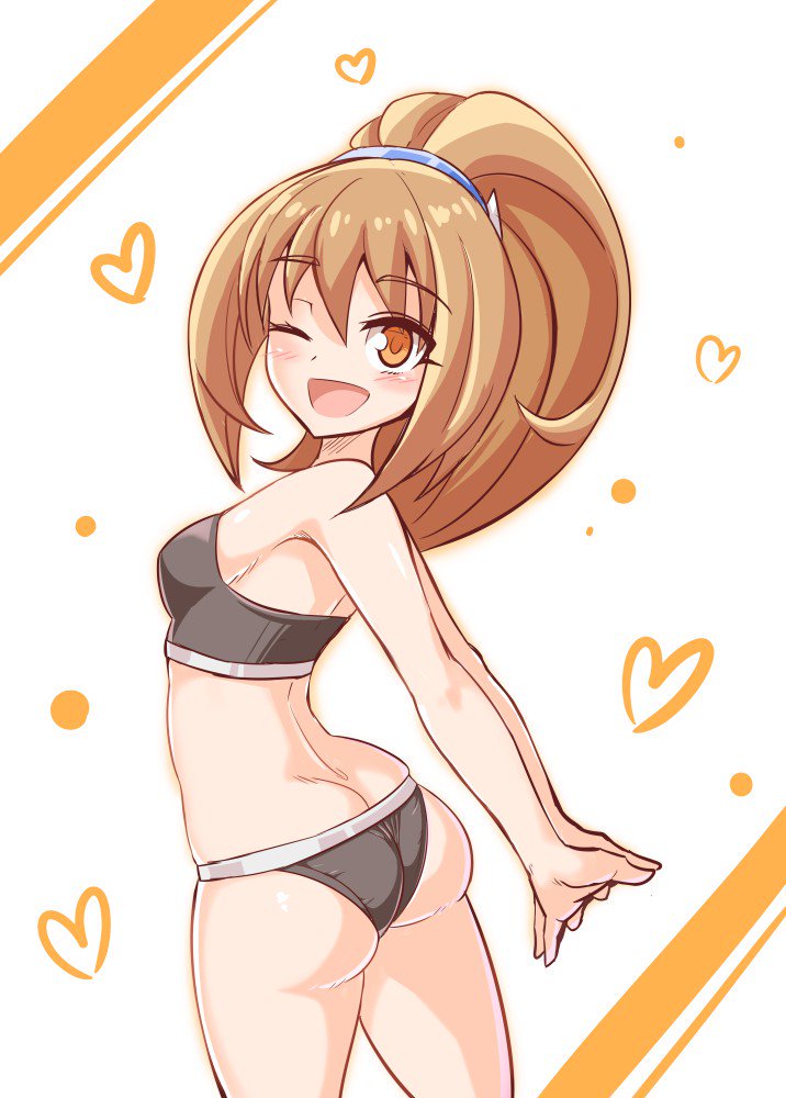 1girl, ass, azure_striker_gunvolt, blush, bra, breasts, butt_crack, cougar_(cougar1404), female_focus, grey_bra, grey_panties, heart, kohaku_(gunvolt), light_brown_hair, looking_at_viewer, gunvolt_chronicles_luminous_avenger_ix, one_eye_closed, orange_eyes, panties, ponytail, sideboob, simple_background, smile, solo, strapless, strapless_bra, thighs, underwear, wink