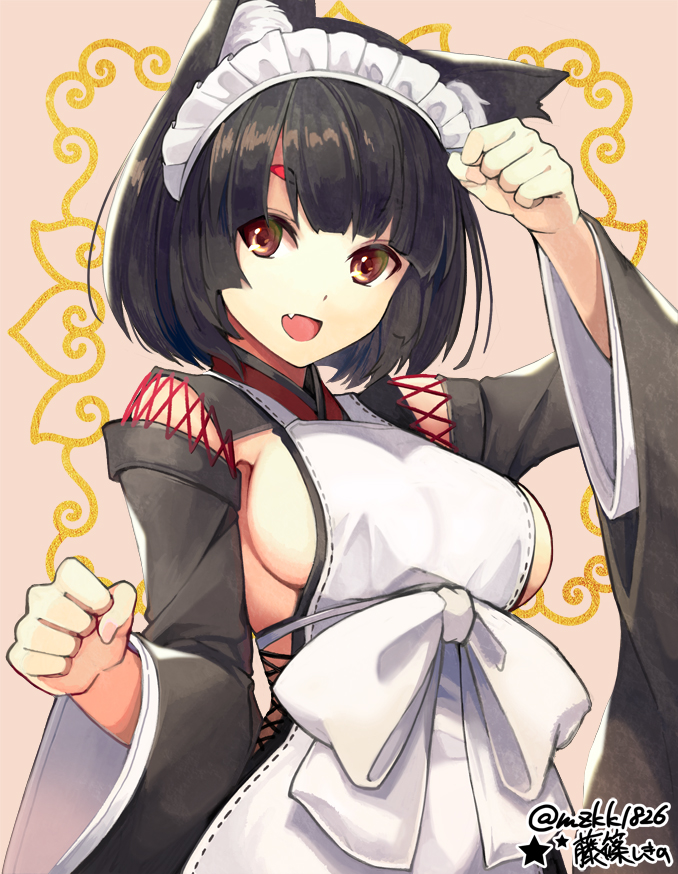 1girl, :d, animal_ears, apron, azur_lane, black_hair, breasts, brown_eyes