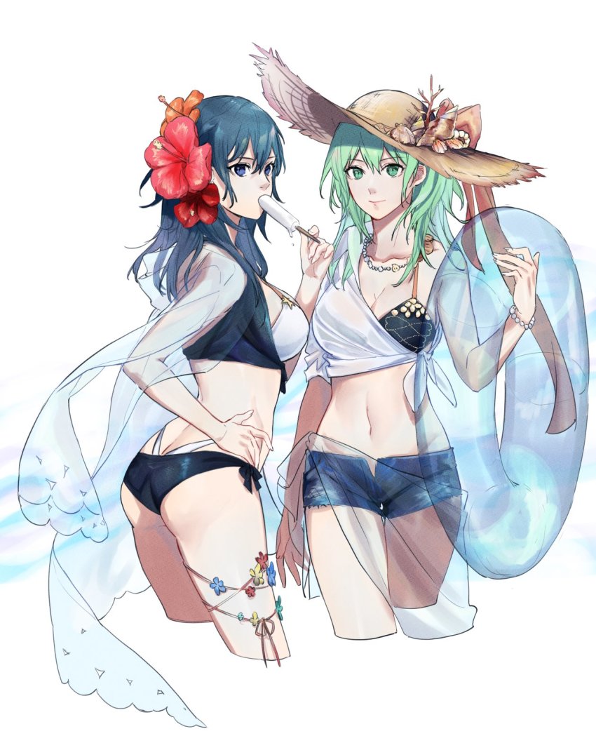 2girls, ass, bikini, blue_eyes, blue_hair, breasts, female_byleth_(awakened)_(fire_emblem), female_byleth_(fire_emblem)