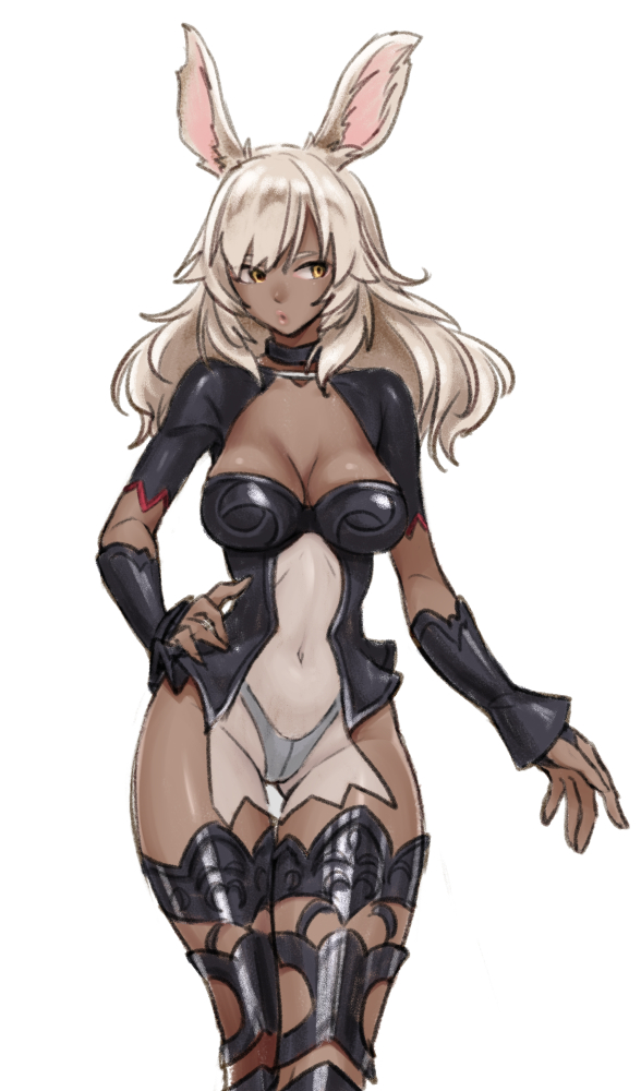 1girl, animal_ears, choker, commentary_request, dark-skinned_female, dark_skin, female_focus, final_fantasy, final_fantasy_xii, final_fantasy_xiv, gloves, hand_on_own_hip, navel, pote0508, rabbit_ears, see-through_clothes, solo, thigh_gap, thighhighs, viera, warrior_of_light_(ff14), white_hair, yellow_eyes