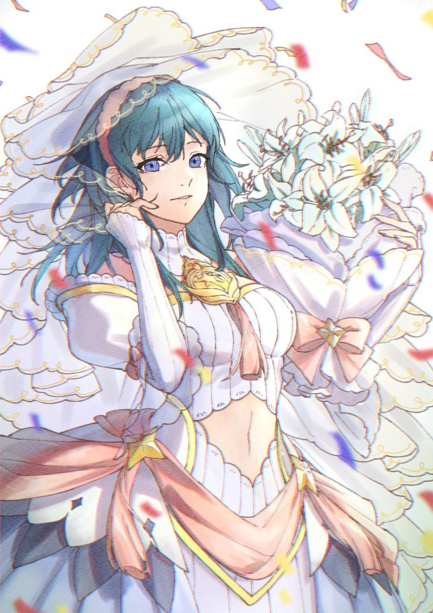 1girl, alternate_costume, blue_eyes, blue_hair, bouquet, breasts, bridal_gauntlets, bridal_veil