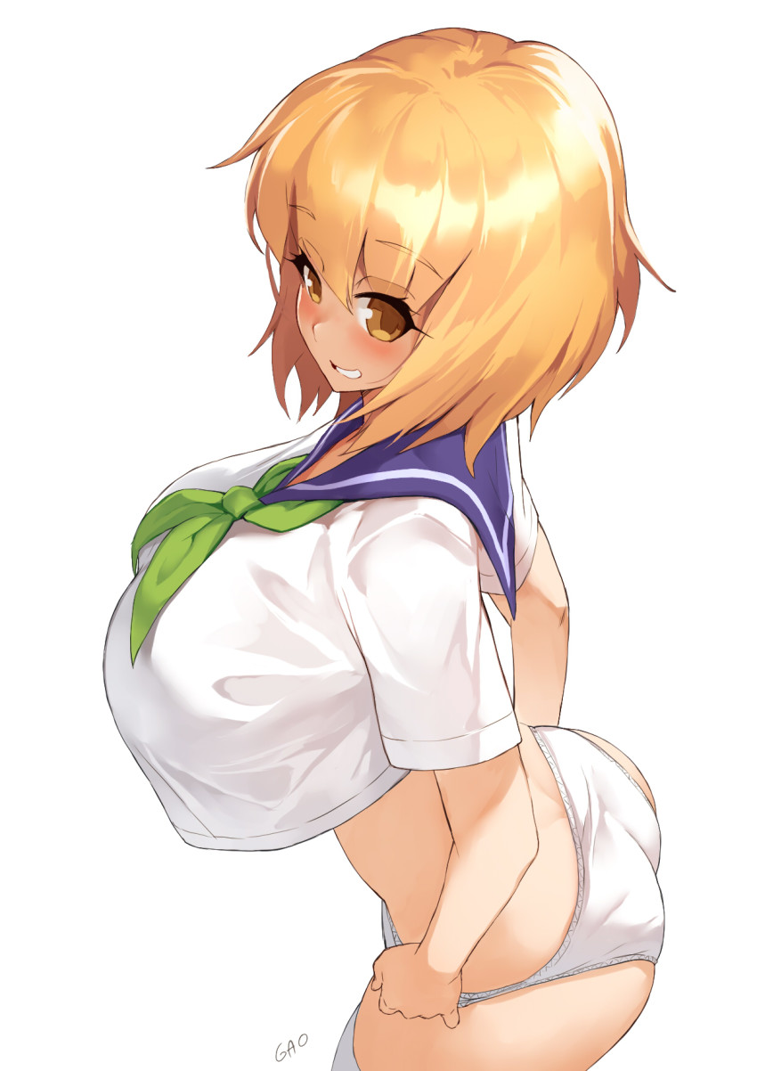 1girl, ass, blonde_hair, blush, breasts, brown_eyes, commentary, crop_top, crop_top_overhang, female_focus, gao_(gaolukchup), highres, huge_breasts, j-list, mascot, megumi_(j-list), no_pants, original, panties, sailor_collar, short_hair, solo, thighhighs, thighs, underwear, white_background, white_panties, white_thighhighs