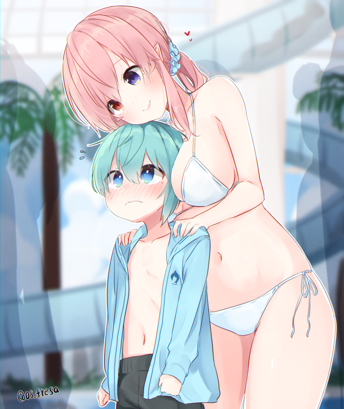 1boy, 1girl, age_difference, bikini, blue_eyes, blue_hair, blush, breasts