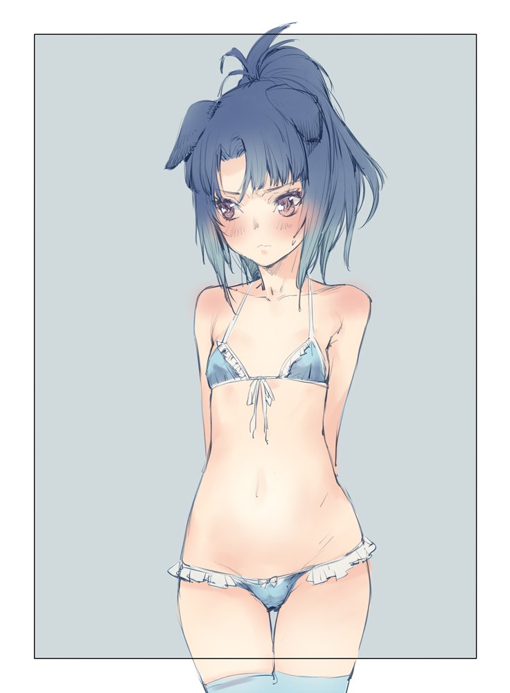 1girl, alice_gear_aegis, animal_ears, arms_behind_back, bikini, blue_hair, blush, branch_(blackrabbits), brown_eyes, embarrassed, female_focus, navel, ponytail, solo, swimsuit, takanashi_rei, thigh_gap