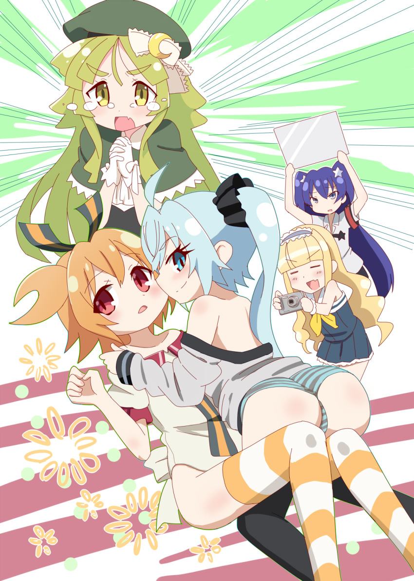 5girls, agenasu, blunt_bangs, emphasis_lines, fang, gen'ei_wo_kakeru_taiyou, graphite_(medium), highres