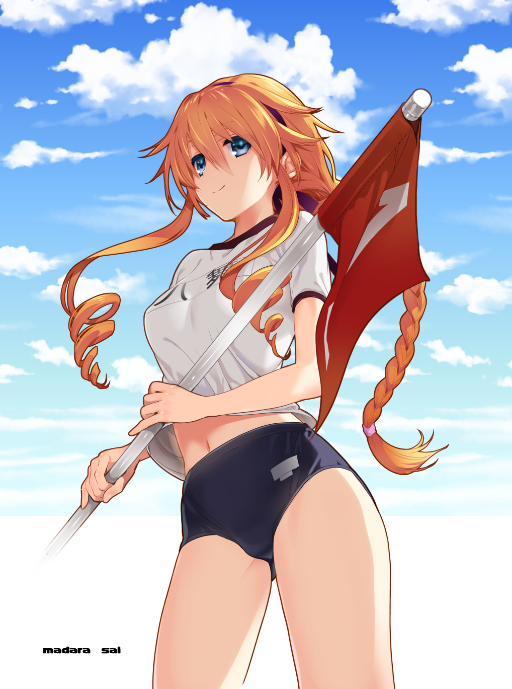 1girl, artist_name, blonde_hair, blue_buruma, blue_eyes, blue_sky, braid, braided_ponytail, breasts, buruma, character_name, closed_mouth, cloud, cwind, date_a_live, day, drill_hair, female_focus, flag, floating_hair, gym_uniform, hair_between_eyes, hairband, highres, holding, holding_flag, long_hair, madara_sai, medium_breasts, midriff, navel, outdoors, ponytail, purple_hairband, shirt, short_sleeves, sky, smile, solo, standing, stomach, twin_drills, very_long_hair, white_shirt, yamai_yuzuru
