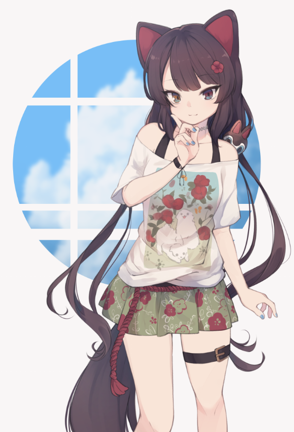 1girl, alternate_costume, animal_ears, bare_shoulders, belt, belt_buckle, black_belt, blue_nails