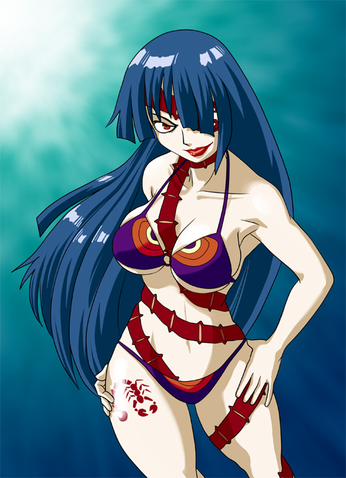 00s, 1girl, adiane, bikini, blue_hair, breasts, cleavage, eyepatch, female_focus, large_breasts, lipstick, long_hair, makeup, pekepeke, red_eyes, solo, swimsuit, tattoo, tengen_toppa_gurren_lagann