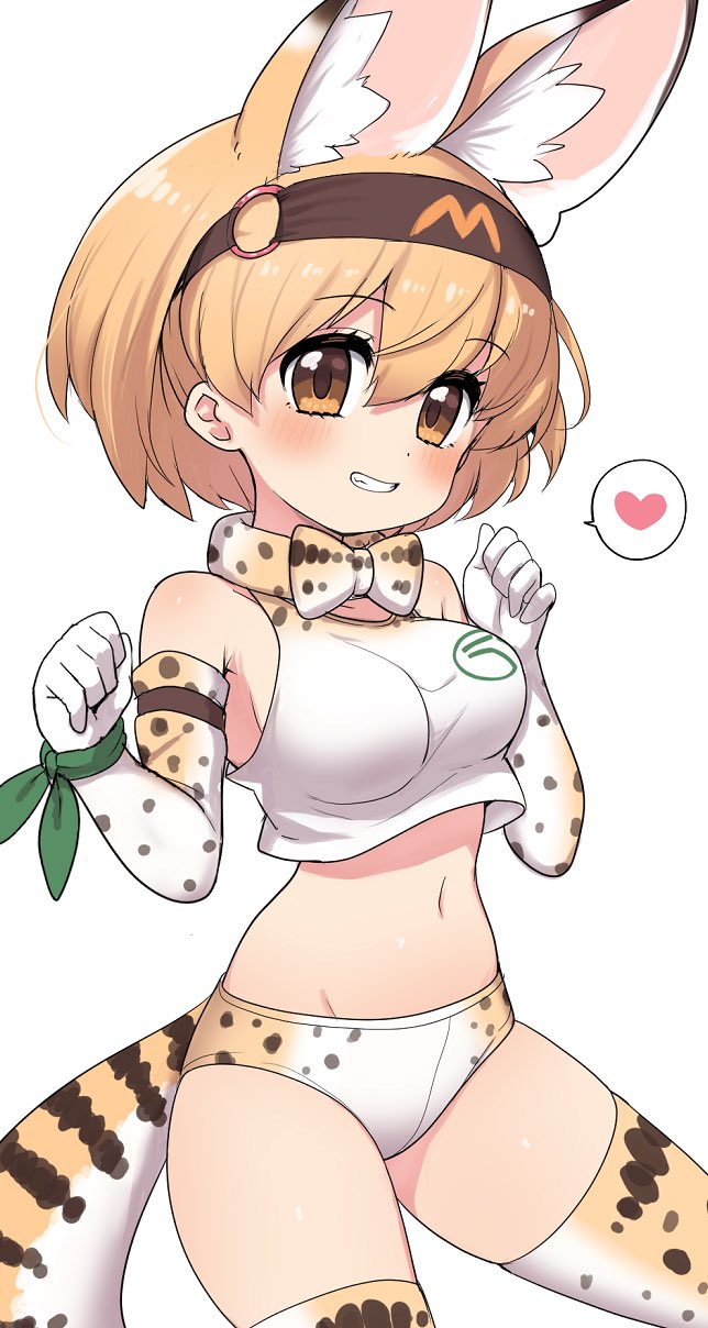1girl, animal_ear_fluff, animal_ears, animal_print, bare_shoulders, blonde_hair, blouse, blush, bow, bowtie, breasts, brown_eyes, buruma, commentary, crop_top, elbow_gloves, extra_ears, female_focus, gloves, grin, hair_between_eyes, hairband, heart, highres, japan_racing_association, kemono_friends, looking_at_viewer, medium_breasts, midriff, navel, o-ring, print_bow, print_bowtie, print_buruma, print_gloves, print_neckwear, print_thighhighs, ransusan, serval_(kemono_friends), shirt, short_hair, simple_background, sleeveless, sleeveless_shirt, smile, solo, spoken_heart, thighhighs, traditional_bowtie, white_background, wristband
