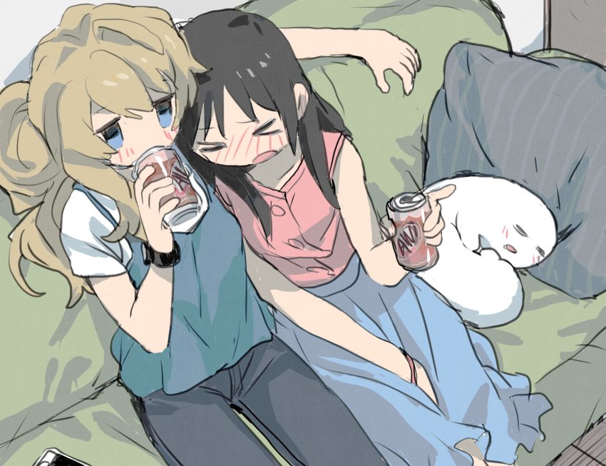 2girls, ahoge, black_hair, blonde_hair, blue_eyes, blush, can, chito_(shoujo_shuumatsu_ryokou), collarbone, contemporary, couch, drinking, highres, leaning_on_person, long_hair, multiple_girls, nuko_(shoujo_shuumatsu_ryokou), open_mouth, phone, pillow, ponytail, short_sleeves, shoujo_shuumatsu_ryokou, sitting, sketch, wa_ikun, watch, wavy_hair, yuuri_(shoujo_shuumatsu_ryokou)