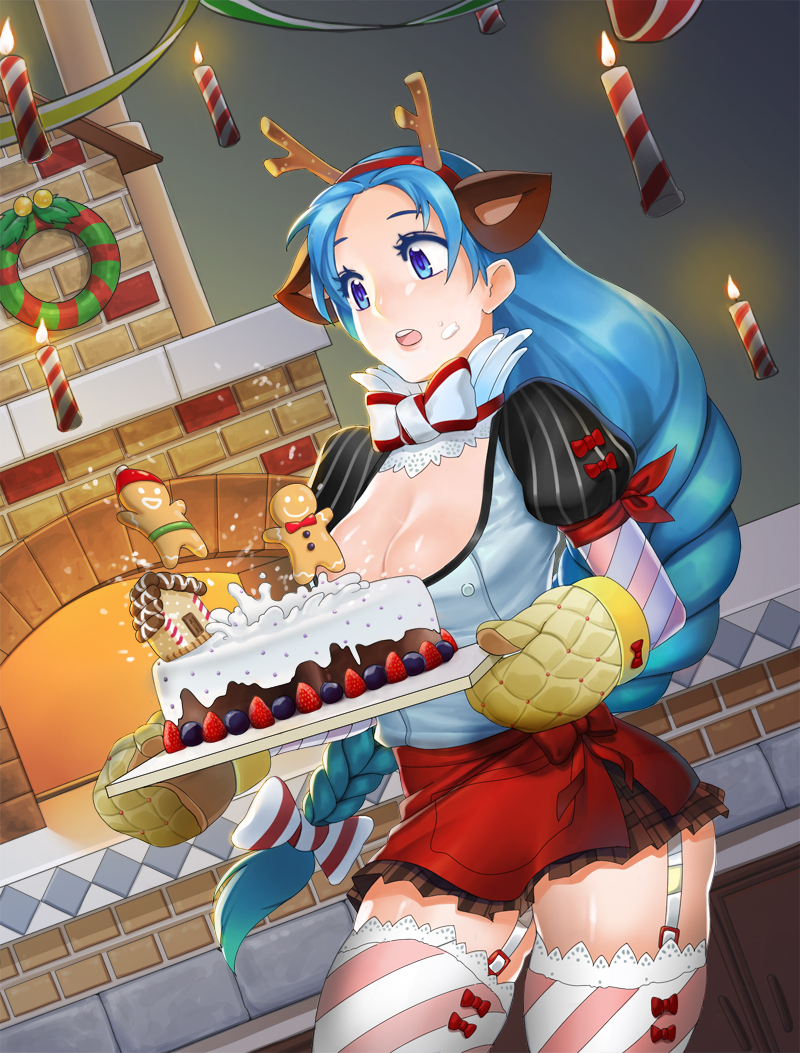 1girl, apron, big_hair, bling_(wnsdud34), blue_eyes, blue_hair, bow, bowtie, braid, breasts, brown_skirt, cake, candle, christmas, cleavage, diagonal-striped_legwear, dutch_angle, elbow_gloves, female_focus, fireplace, floating, food, food_on_face, garter_straps, gingerbread_house, gingerbread_man, gloves, holding, holding_tray, indoors, large_breasts, long_braid, long_hair, low-braided_long_hair, low-tied_long_hair, microskirt, open_mouth, original, oven_mitts, parted_bangs, pleated_skirt, puffy_short_sleeves, puffy_sleeves, red_apron, short_sleeves, single_braid, skirt, solo, thick_thighs, thighhighs, thighs, tray, very_long_hair