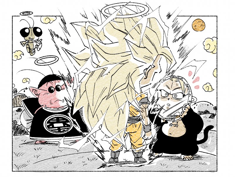 4boys, :o, absurdly_long_hair, animal, arms_at_sides, arms_behind_back, aura, blonde_hair