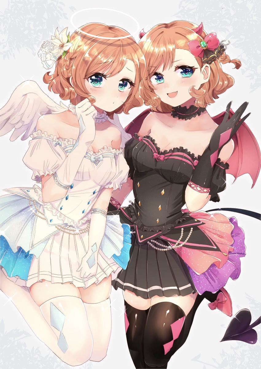2girls, absurdres, angel, angel_and_devil, angel_wings, black_gloves, black_legwear, black_vs_white, blonde_hair, blue_eyes, blush, breasts, cleavage, demon_girl, demon_horns, demon_tail, demon_wings, dress, dual_persona, fang, feathered_wings, gloves, halo, highres, horns, kakegurui, looking_at_viewer, mini_wings, multiple_girls, nial_1122, open_mouth, red_wings, small_breasts, sumeragi_itsuki, tail, thighhighs, traditional_halo, wavy_hair, white_gloves, white_legwear, white_wings, wings
