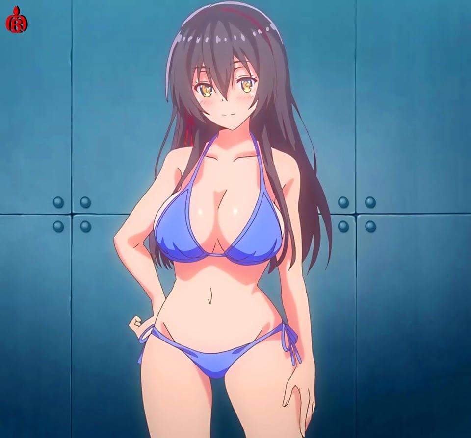 1girl, bikini, black_hair, blue_bikini, blush, breasts, cleavage, cowboy_shot