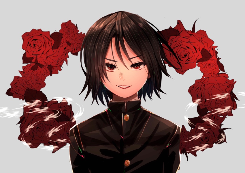 1boy, absurdres, androgynous, black_hair, flower, gakuran, highres, jaibo