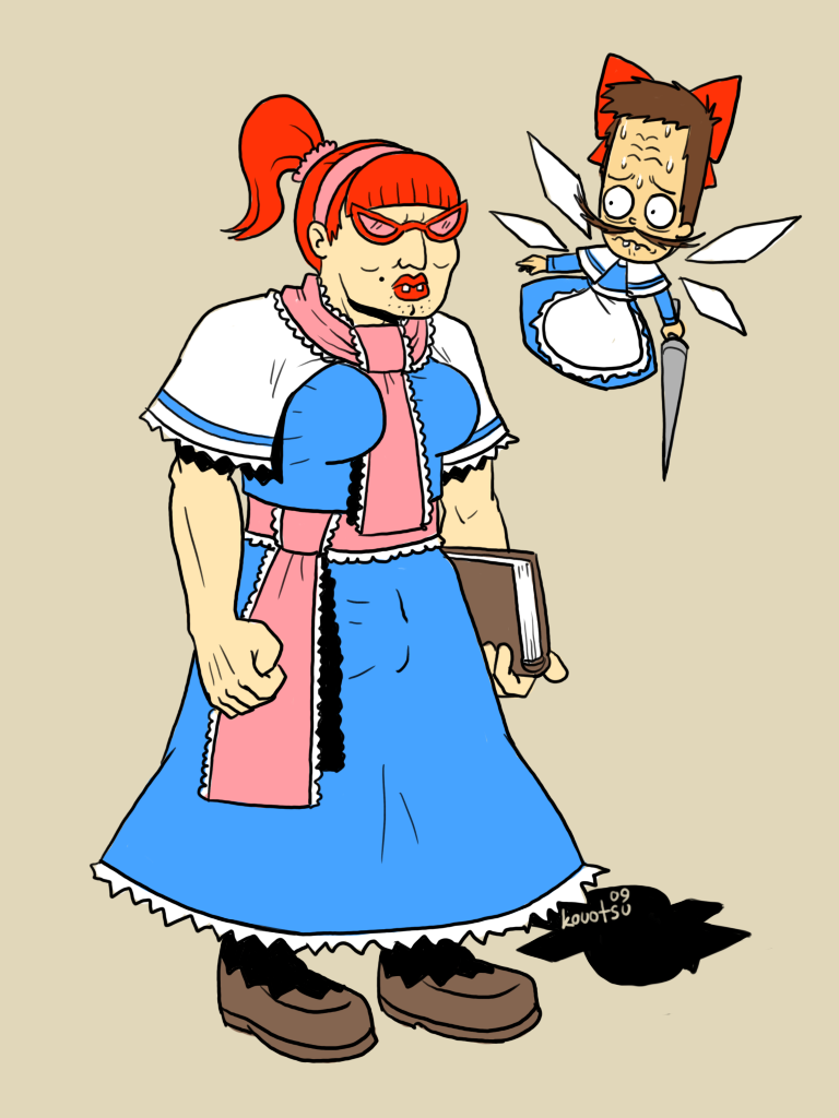 00s, 1boy, 1girl, 2009, alice_(superjail), alice_margatroid, alice_margatroid_(cosplay), artist_name, bad_id, bad_pixiv_id, brown_hair, buck_teeth, bulge, commentary_request, cosplay, dated, glasses, jared, jared_(superjail), kouotsu, lance, name_connection, parody, polearm, red_hair, shanghai_doll, shanghai_doll_(cosplay), superjail, sweat, teeth, tooth_gap, touhou, trap, weapon