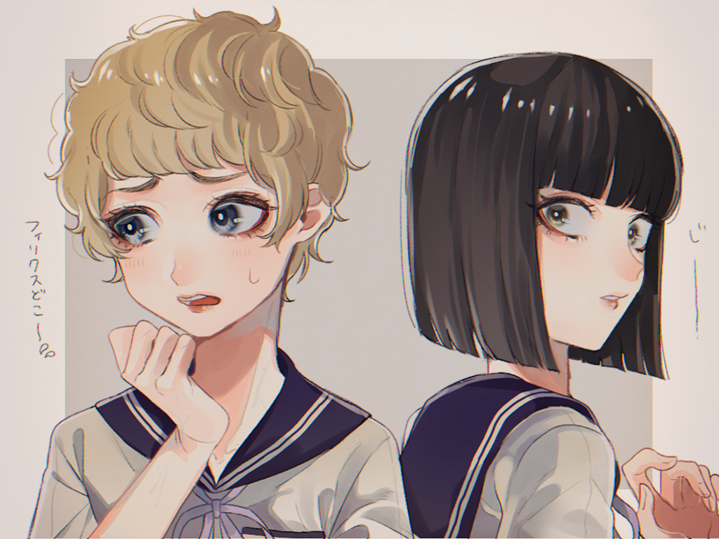 2boys, amane_gymnasium, black_hair, blonde_hair, blue_eyes, blunt_bangs, bob_cut, chromatic_aberration, elmer_kuchen, grey_eyes, kajino, male_focus, multiple_boys, ribbon, sailor_collar, school_uniform, sweatdrop, theo_apfel, wavy_hair