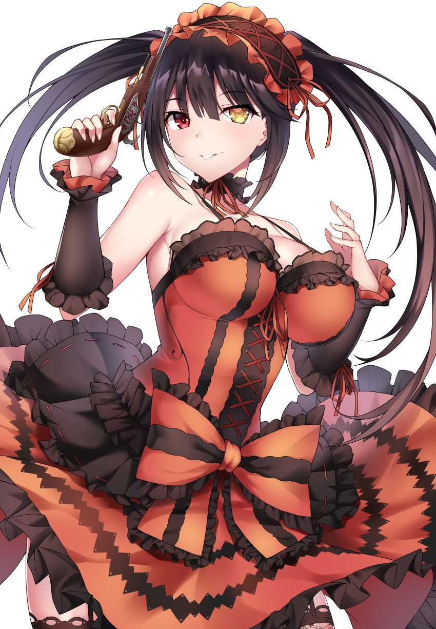 1girl, absurdres, bare_shoulders, black_hair, black_thighhighs, blush, breasts, cleavage