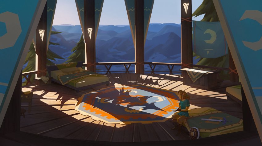 1boy, absurdres, adjusting_clothes, adjusting_gloves, bed, blonde_hair, blue_sky, boots, carpet, curtains, fingerless_gloves, gloves, highres, link, madsraa, male_focus, master_sword, morning, nightstand, nintendo, pointy_ears, ponytail, scenery, shade, shield, short_ponytail, sitting, sky, smile, solo, sunlight, sword, table, the_legend_of_zelda, the_legend_of_zelda:_breath_of_the_wild, weapon