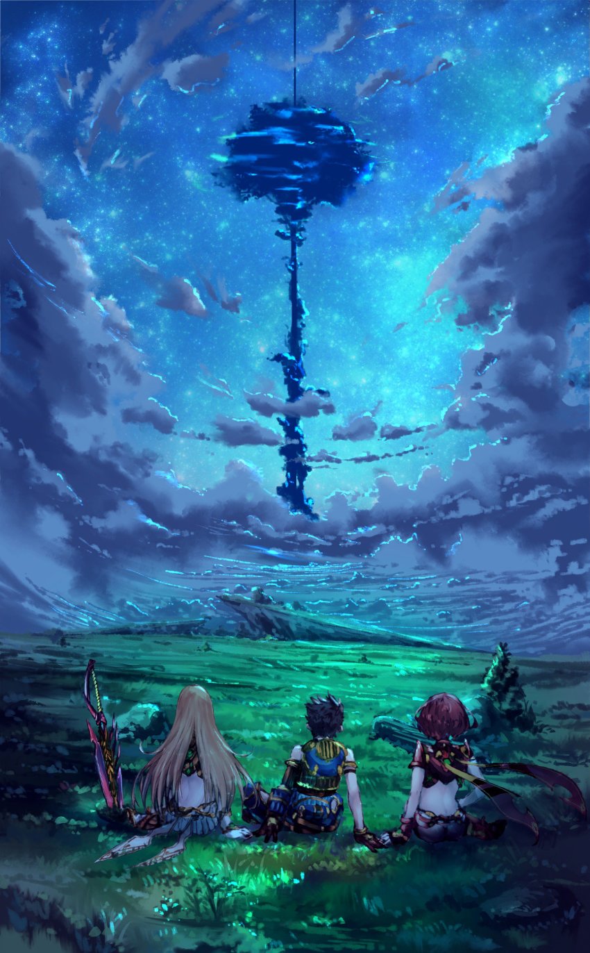 1boy, 2girls, absurdres, arm_at_side, arm_support, armlet, ass, bad_id