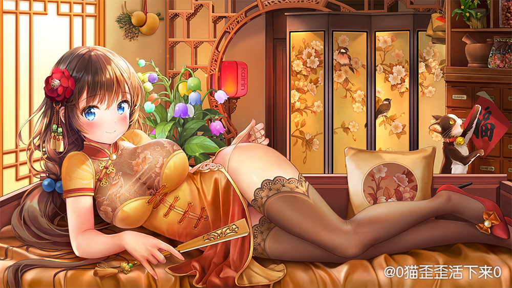 1girl, blue_eyes, blush, breasts, brown_hair, cat, china_dress, chinese_clothes