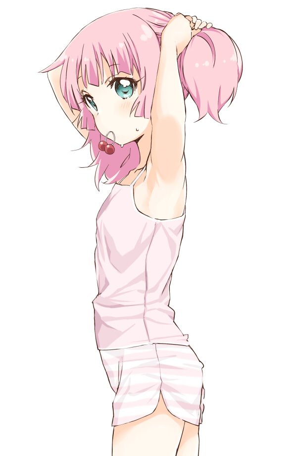 1girl, adjusting_hair, armpits, arms_up, blouse, blue_eyes, cowboy_shot, female_focus