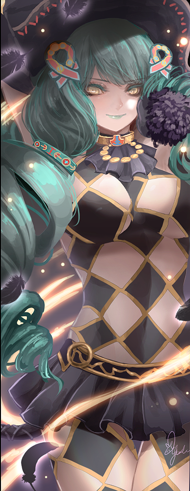 1girl, argyle_clothes, diamond_cutout, black_gloves, black_hat, breasts, cat_tail, closed_mouth