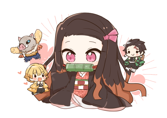 1girl, 3boys, :d, agatsuma_zenitsu, asa_no_ha_(pattern), bamboo, bit_gag, black_coat