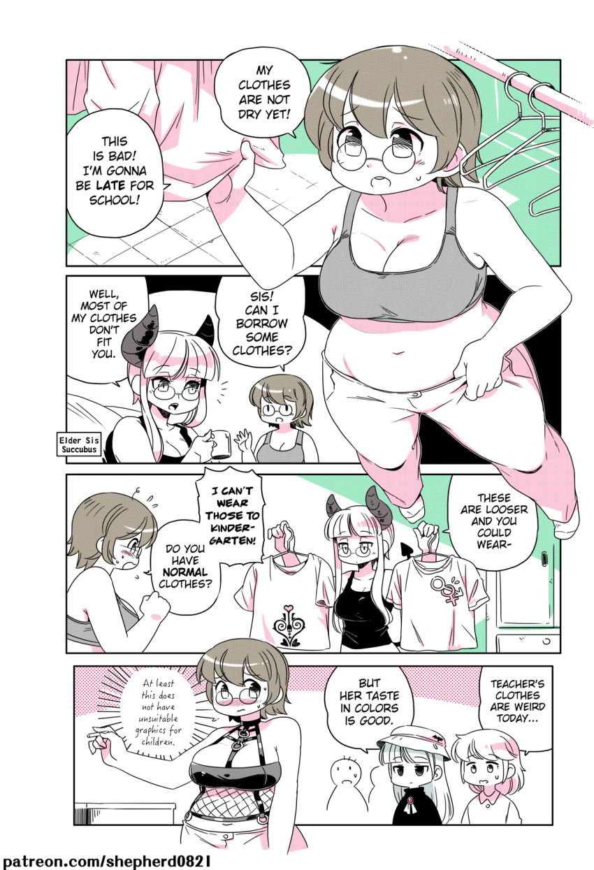 alternate_language, breasts, carmilla_(modern_mogal), child, comic, demon_girl, demon_horns, english_text