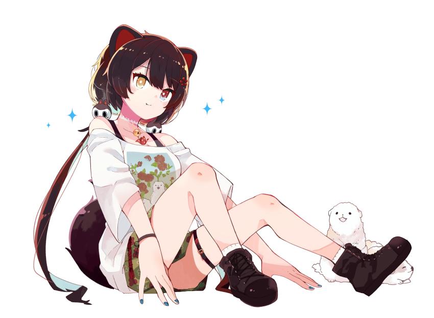 1girl, absurdres, animal_ears, bare_shoulders, bell, black_hair, blue_nails, blush