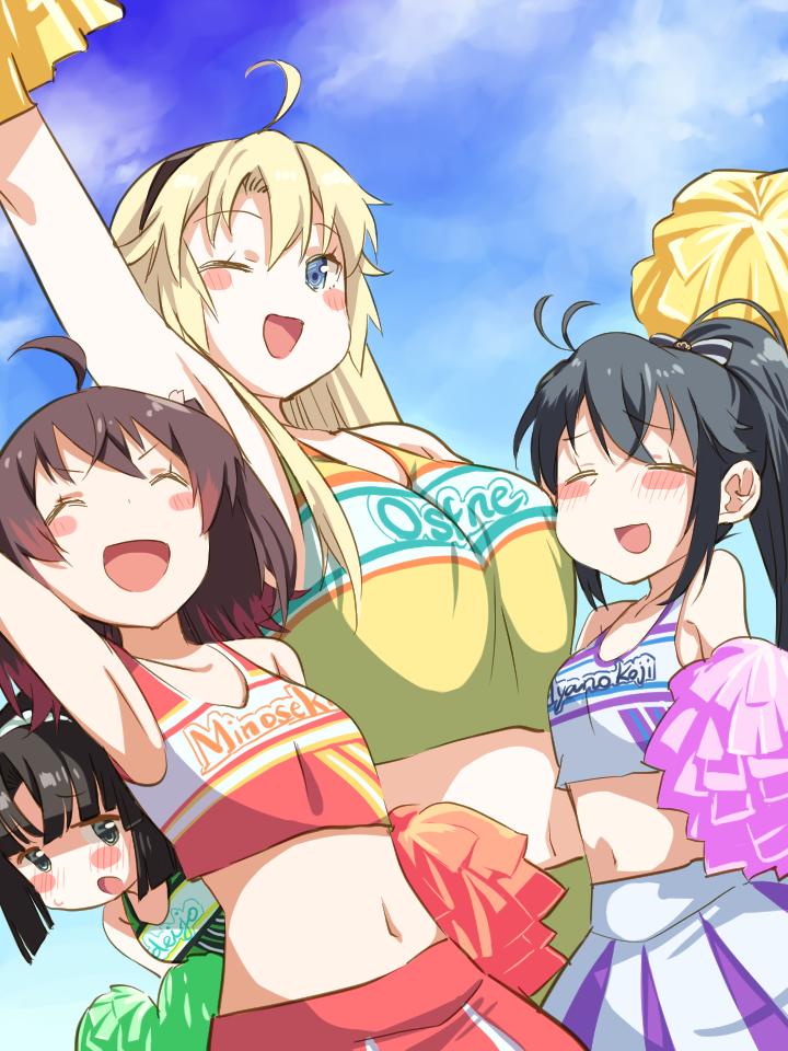 4girls, ahoge, armpits, asakura_mihono, black_hair, blonde_hair, blue_eyes, blush