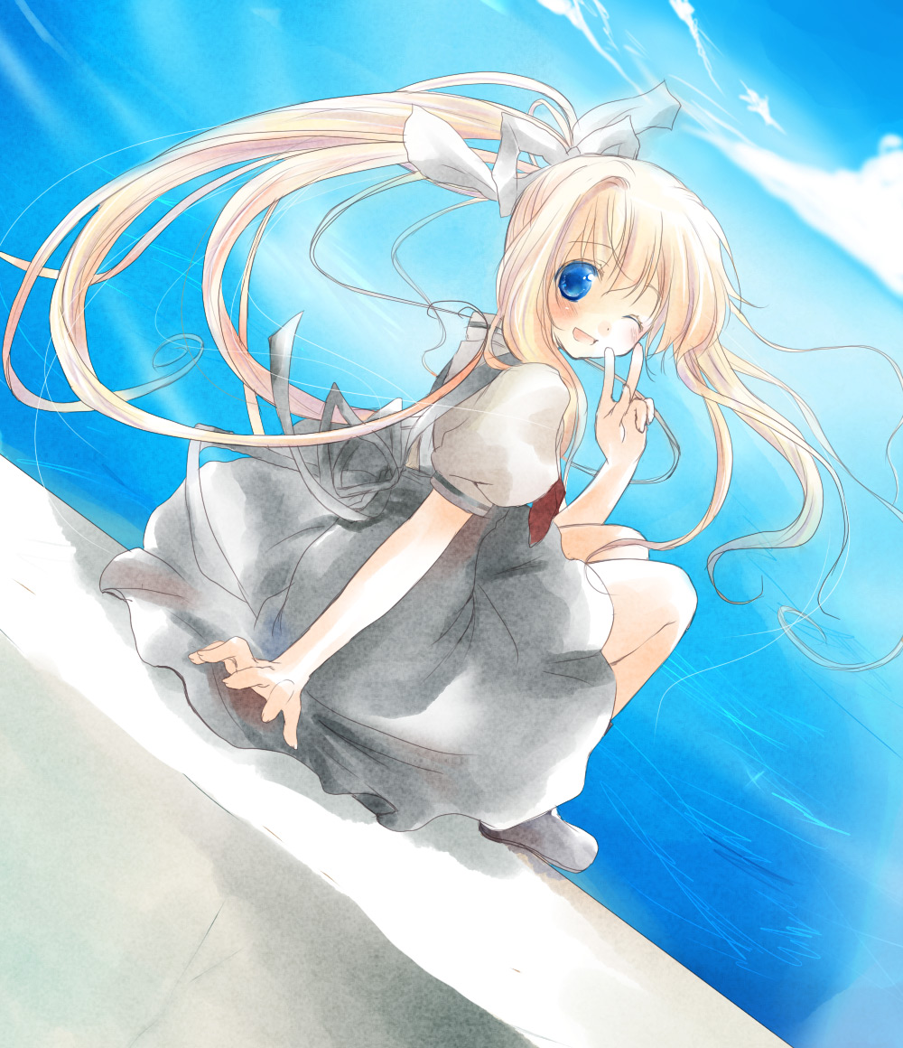 00s, air_(visual_novel), blonde_hair, blue_eyes, hair_ribbon, kamio_misuzu, kayune_niu, kayuumi, long_hair, looking_back, one_eye_closed, ponytail, ribbon, school_uniform, solo, v, very_long_hair, wink