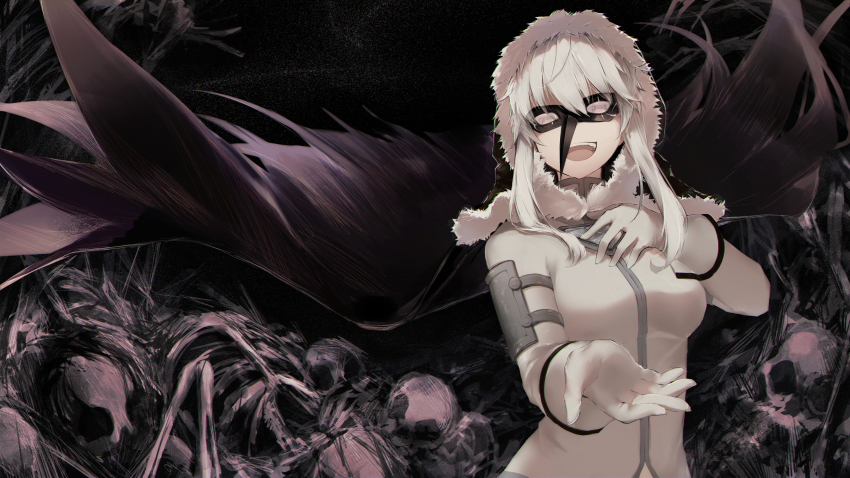 1girl, absurdres, black_cloak, cape, cloak, commentary_request, corbeau_(madoka_magica), evil_smile