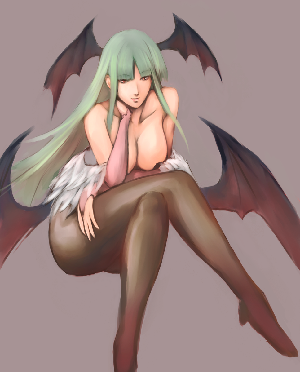 1girl, bad_id, bad_pixiv_id, bare_shoulders, bat_wings, breasts, capcom, cleavage