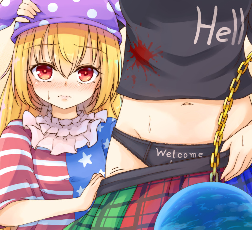 2girls, 3:, american_flag_dress, black_panties, black_shirt, blonde_hair, blue_dress, blue_skirt