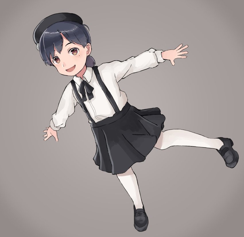 1girl, alternate_costume, beret, black_hair, black_hat, black_shoes, black_skirt, brown_eyes