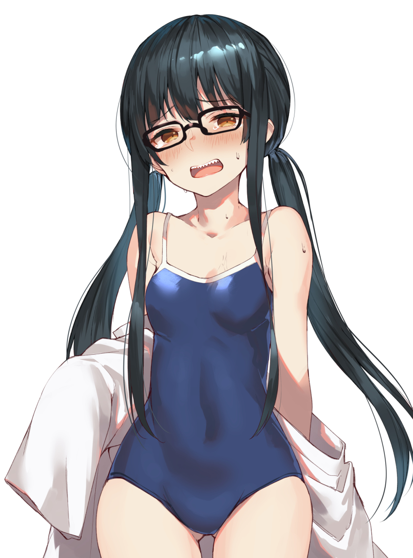 1girl, amagasa_yun, black-framed_eyewear, black_hair, blue_one-piece_swimsuit, breasts, brown_eyes, collarbone, competition_school_swimsuit, female_focus, glasses, gluteal_fold, highres, lab_coat, long_hair, long_sleeves, low_twintails, madara-san, off_shoulder, one-piece_swimsuit, open_mouth, school_swimsuit, sharp_teeth, simple_background, small_breasts, solo, standing, swimsuit, tears, teeth, tejina_senpai_(series), twintails, white_background