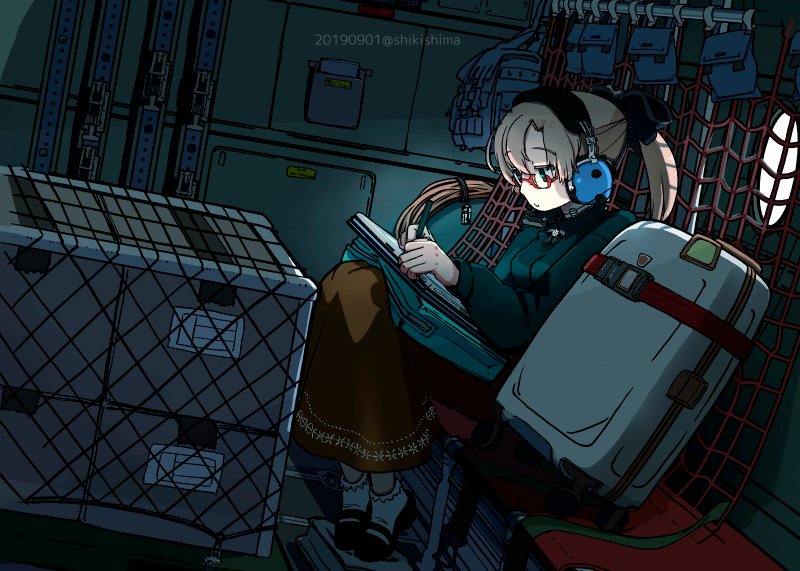 1girl, airplane_interior, akigumo_(comiket)_(kancolle), akigumo_(kancolle), black_ribbon, black_shoes, book, box, brown_hair, commentary_request, dated, dutch_angle, ear_protection, female_focus, goggles, green_eyes, green_sweater, indoors, kantai_collection, long_hair, long_skirt, luggage, mary_janes, orange_skirt, pen, ponytail, ribbon, rolling_suitcase, seatbelt, shikishima_fugen, shoes, skirt, socks, solo, strap, suitcase, sweater, twitter_username, white_socks
