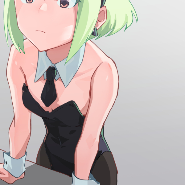 1boy, black_leotard, cropped, crossdressing, crossdressing_(mtf), detached_collar, earrings, green_hair