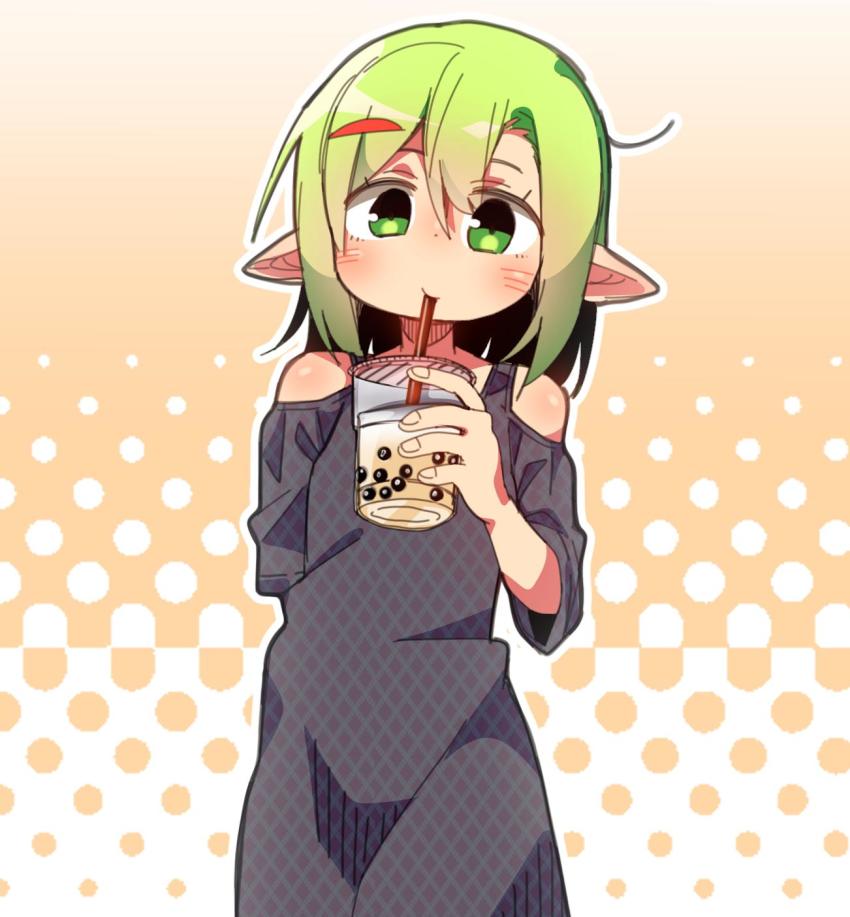 1girl, blonde_hair, bubble_tea, drinking, drinking_straw, female_focus, gradient_background, green_eyes