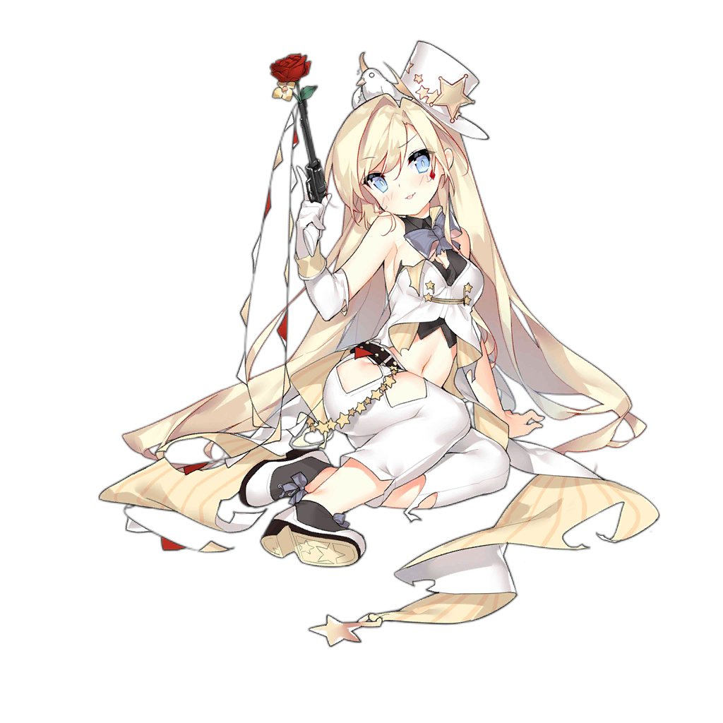 1girl, arm_support, belt, blonde_hair, blue_eyes, colt_revolver_(girls'_frontline), colt_revolver_(queen_of_miracles)_(girls'_frontline), elbow_gloves