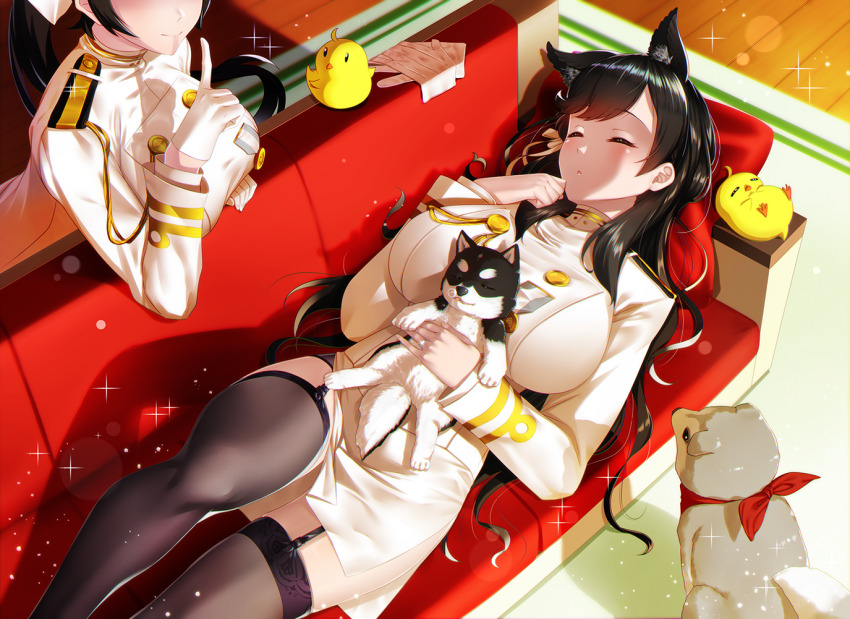 animal_ears, atago_(azur_lane), azur_lane, baby_animal, bird, black_hair, black_legwear, blush, breasts, chick, closed_mouth, couch, day, dog, extra_ears, garter_straps, gloves, hair_ribbon, kagiyama_(clave), large_breasts, light_particles, long_hair, lying, manjuu_(azur_lane), military, military_uniform, miniskirt, mole, mole_under_eye, multiple_girls, on_back, pencil_skirt, ponytail, ribbon, shush_(aquarion_evol), skirt, sleeping, smile, swept_bangs, takao_(azur_lane), thighhighs, very_long_hair, white_ribbon