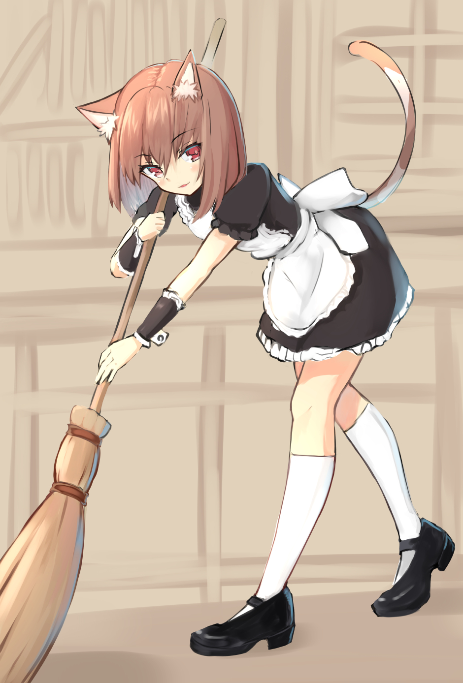 1girl, animal_ear_fluff, animal_ears, broom, brown_hair, cat_ears, cat_girl, cat_tail