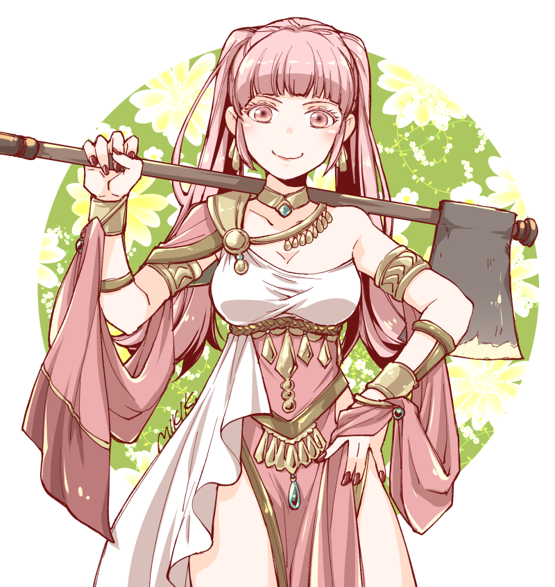 1girl, armlet, artist_name, axe, breasts, closed_mouth, dancer, dancer_(fire_emblem:_three_houses)