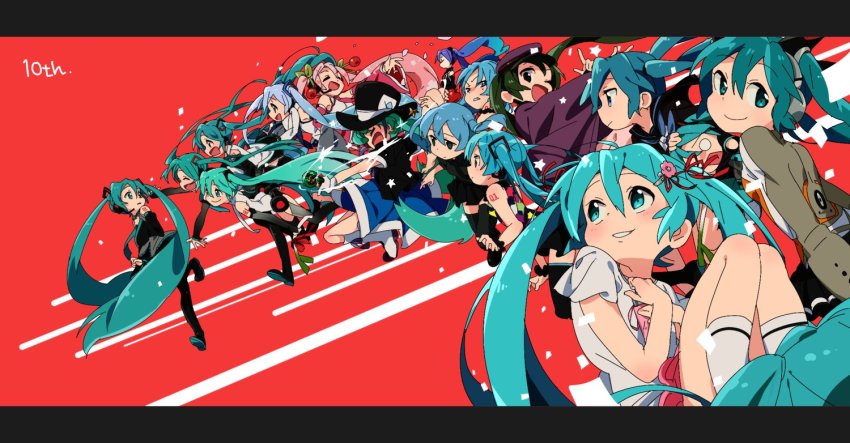 6+girls, anniversary, aqua_eyes, aqua_hair, aqua_necktie, bare_shoulders, black_legwear, black_skirt