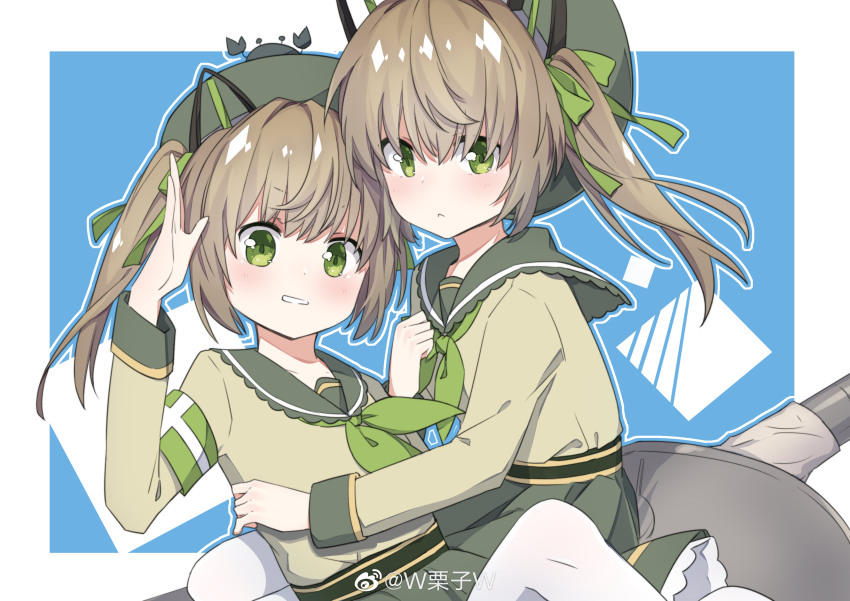 2girls, :<, abercrombie_(warship_girls_r), absurdres, animal_ears, armband, beret, brown_hair