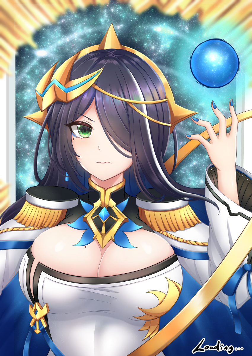 1girl, absurdres, black_hair, blush, breasts, cape, closed_mouth, epic_seven