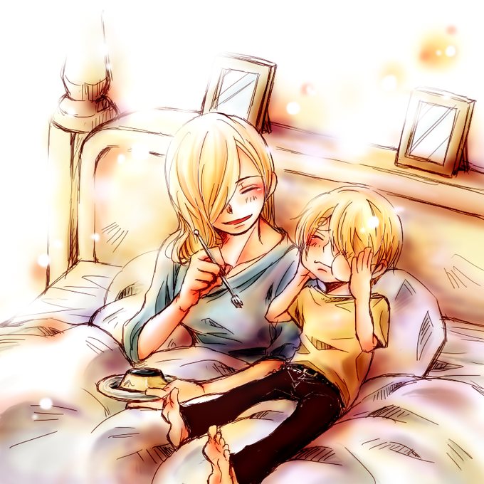1boy, 1girl, age_difference, blonde_hair, food, long_hair, mother_and_child, mother_and_son