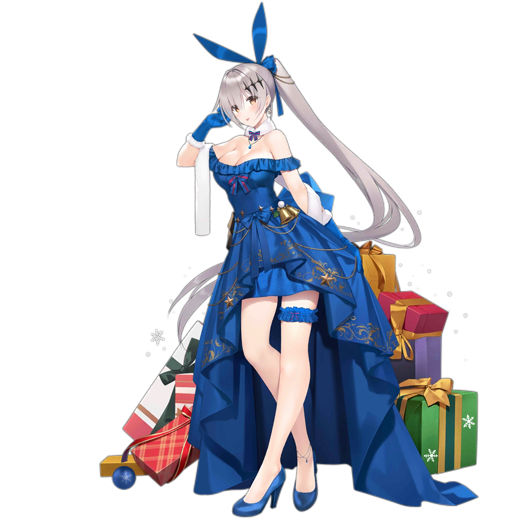 1girl, :p, anklet, arm_up, bare_shoulders, bell, blue_bow, blue_dress, blue_footwear, blue_gem, blue_gloves, blue_ribbon, blush, bow, breasts, brown_eyes, cleavage, crescent, crescent_earrings, dress, earrings, female_focus, five-seven_(blue_christmas)_(girls'_frontline), five-seven_(girls'_frontline), frilled_thigh_strap, full_body, fur-trimmed_gloves, fur_scarf, fur_trim, gem, gift, girls'_frontline, gloves, hair_between_eyes, hair_ornament, hair_ribbon, hand_up, high_heels, jewelry, jingle_bell, large_breasts, long_hair, looking_at_viewer, necklace, off-shoulder_dress, off_shoulder, official_alternate_costume, official_art, ponytail, ribbon, scarf, sidelocks, silver_hair, solo, suisai_(suisao), thigh_strap, thighs, tongue, tongue_out, transparent_background, very_long_hair, white_scarf