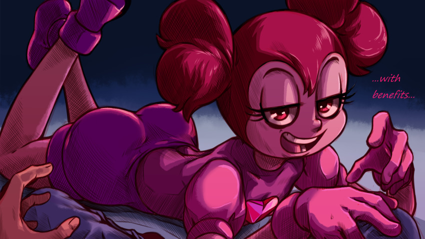 1boy, 1girl, ass, english_text, flirting, highres, legs, looking_at_viewer, open_mouth, out_of_frame, pink_hair, plague_of_gripes, short_twintails, shorts, spinel_(steven_universe), steven_universe, twintails